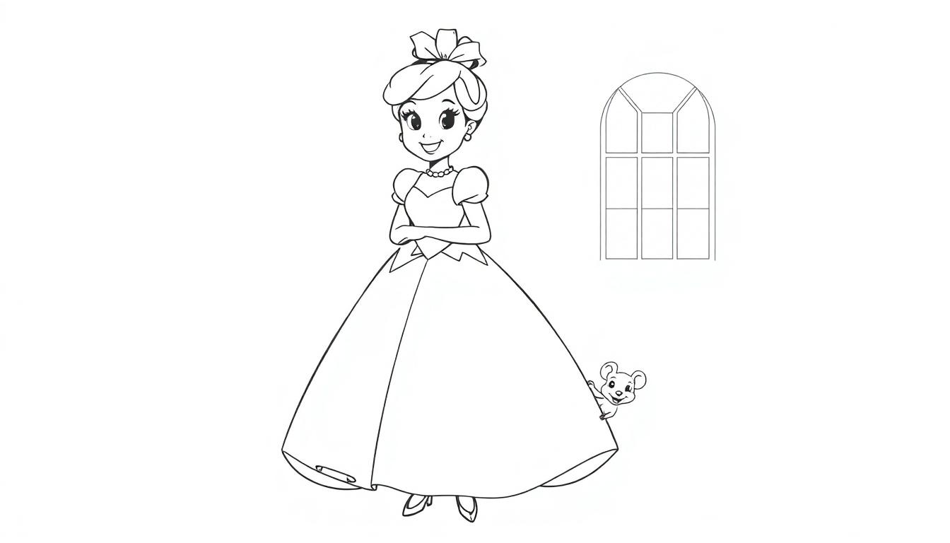 Schwarz-weiße Farbtafel-Zeichnung von Cinderella in ihrem Ballkleid mit einem Lächeln und einer Schleife im Haar, daneben ein Fenster und eine Maus.