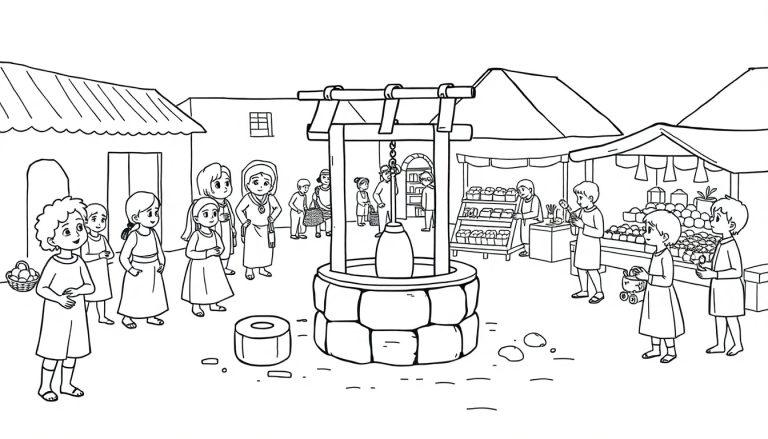 Kinder und Erwachsene versammeln sich um einen Ziehbrunnen auf einem belebten Marktplatz.