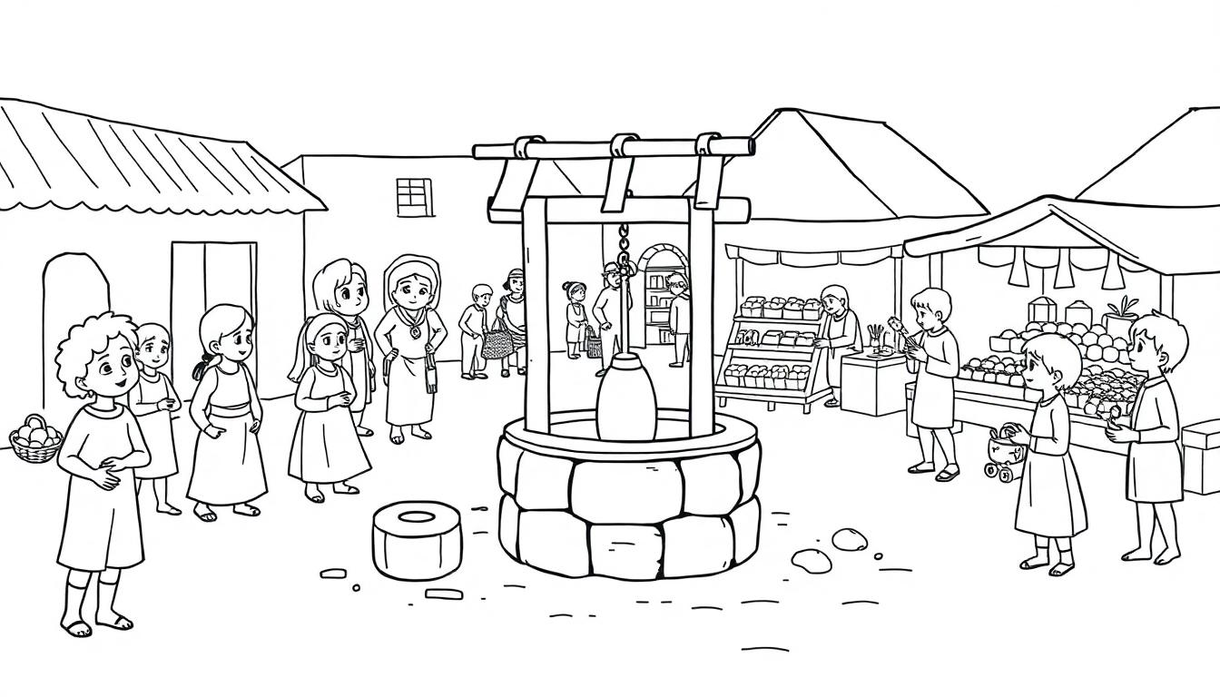 Kinder und Erwachsene versammeln sich um einen Ziehbrunnen auf einem belebten Marktplatz.