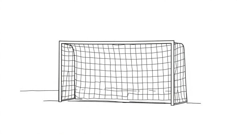 Ein einfaches Schwarzweiß-Bild eines Fußballtors von der Seite.
