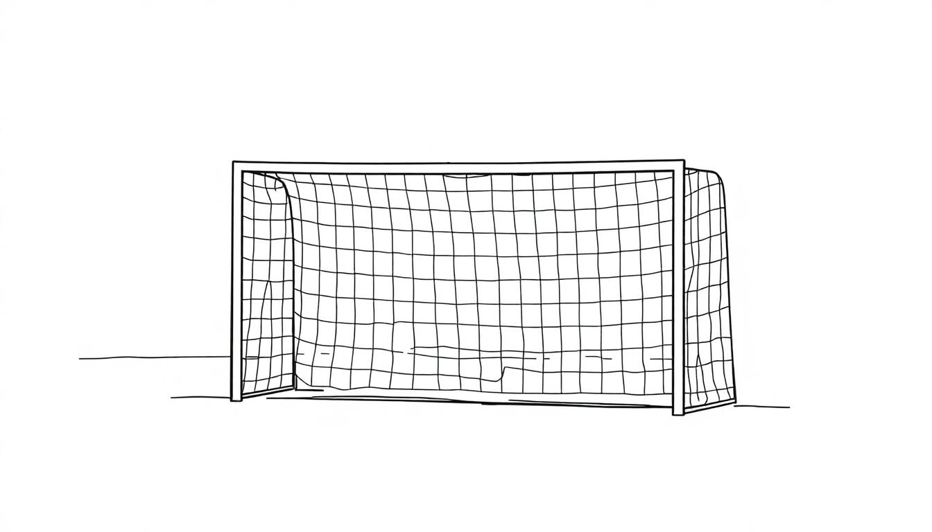 Ein einfaches Schwarzweiß-Bild eines Fußballtors von der Seite.