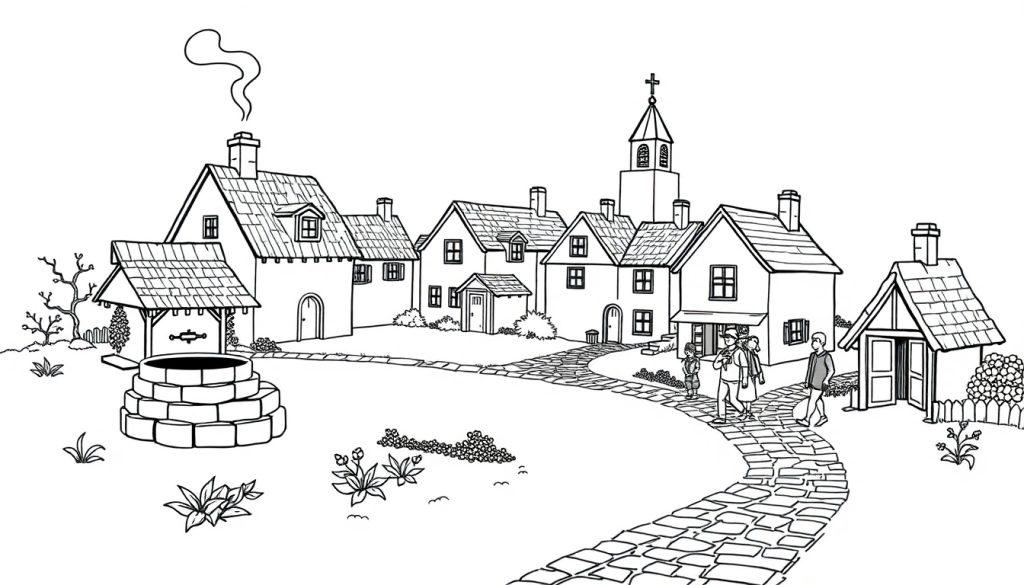 Bleistiftzeichnung eines malerischen Dorfes mit einem Steinweg, Häusern mit Schornsteinen und einem Kirchturm.