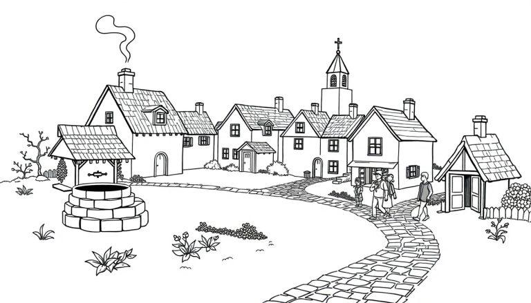 Bleistiftzeichnung eines malerischen Dorfes mit einem Steinweg, Häusern mit Schornsteinen und einem Kirchturm.
