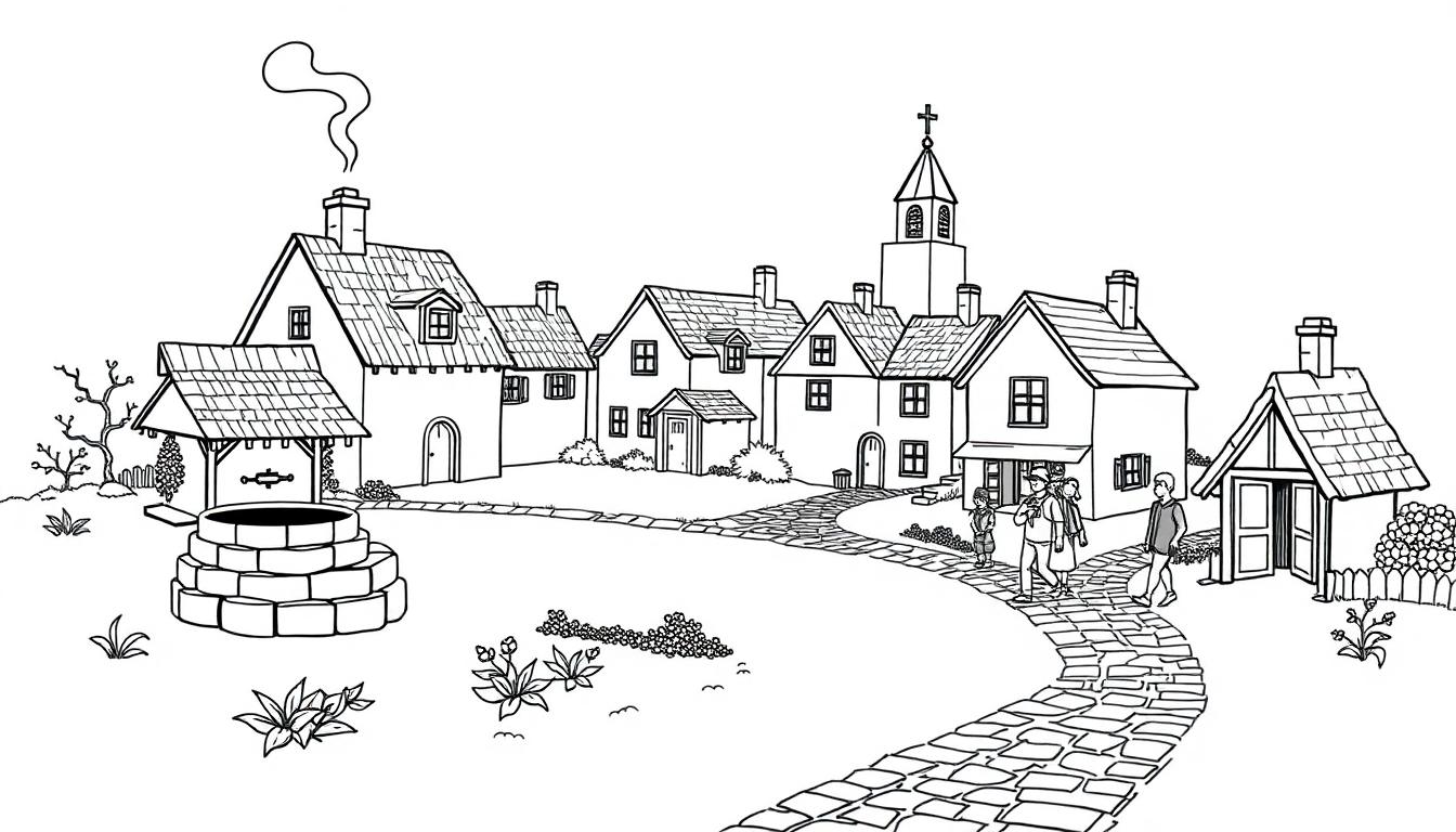 Bleistiftzeichnung eines malerischen Dorfes mit einem Steinweg, Häusern mit Schornsteinen und einem Kirchturm.