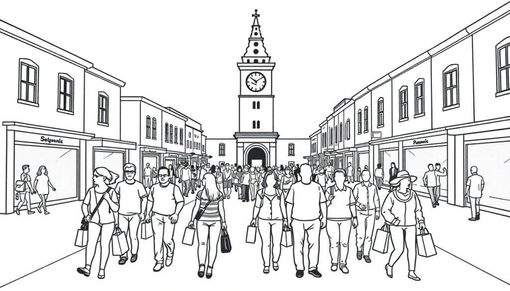 Eine Schwarz-Weiß-Illustration einer belebten Einkaufsstraße mit einem hohen Glockenturm am Ende.