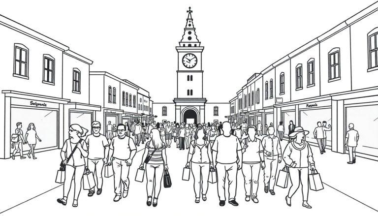 Eine Schwarz-Weiß-Illustration einer belebten Einkaufsstraße mit einem hohen Glockenturm am Ende.