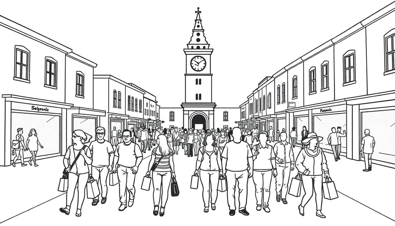 Eine Schwarz-Weiß-Illustration einer belebten Einkaufsstraße mit einem hohen Glockenturm am Ende.