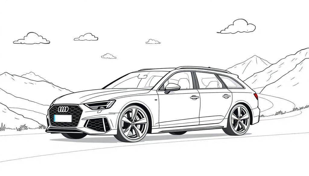 Schwarz-weiße Zeichnung eines alten Audi RS 4 Avant auf einer Bergstraße.