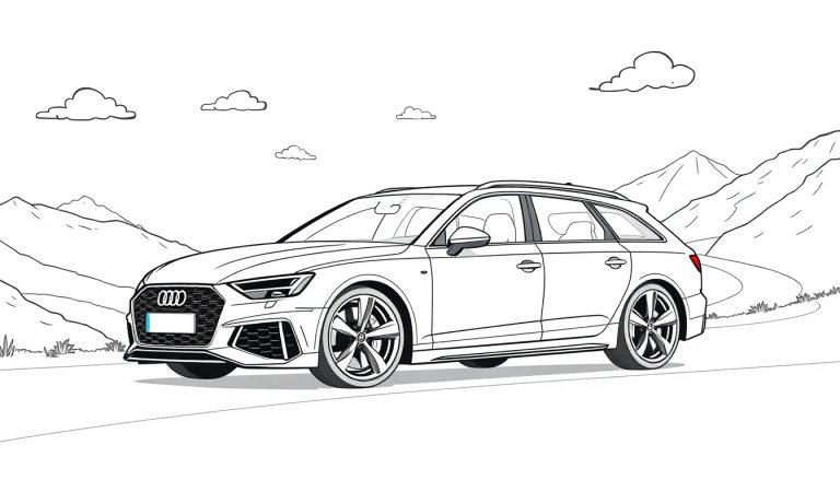 Schwarz-weiße Zeichnung eines alten Audi RS 4 Avant auf einer Bergstraße.