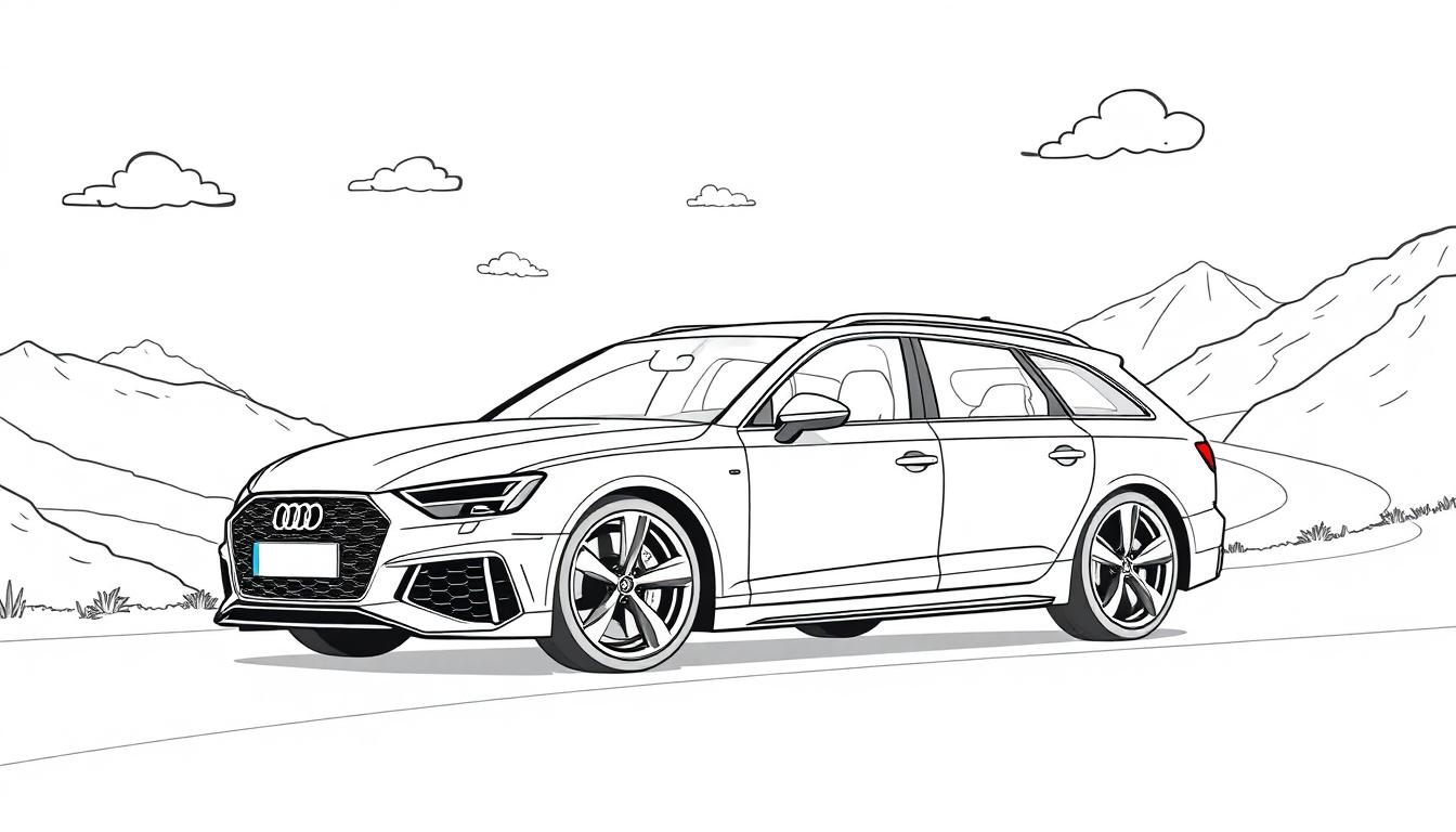 Schwarz-weiße Zeichnung eines alten Audi RS 4 Avant auf einer Bergstraße.