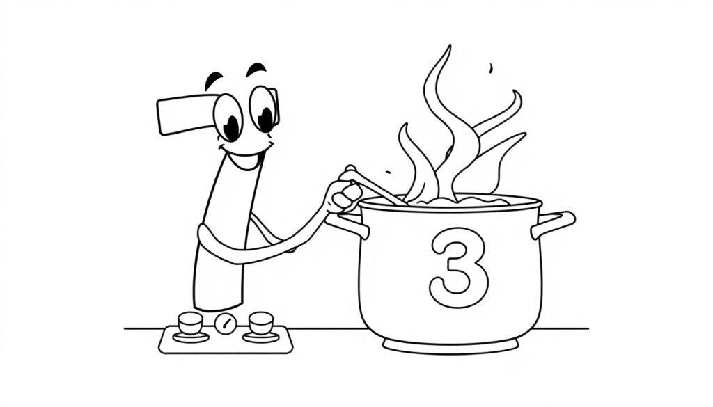 Cartoon Zahl 7 kocht mit einem Löffel in einem Topf mit der Zahl 3, Dampf steigt auf.