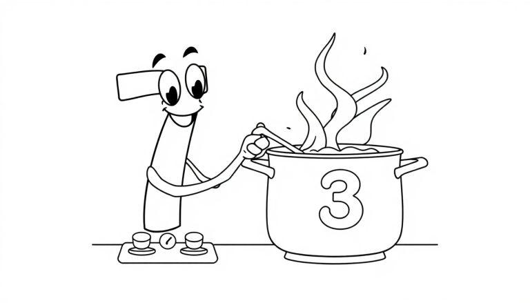 Cartoon Zahl 7 kocht mit einem Löffel in einem Topf mit der Zahl 3, Dampf steigt auf.