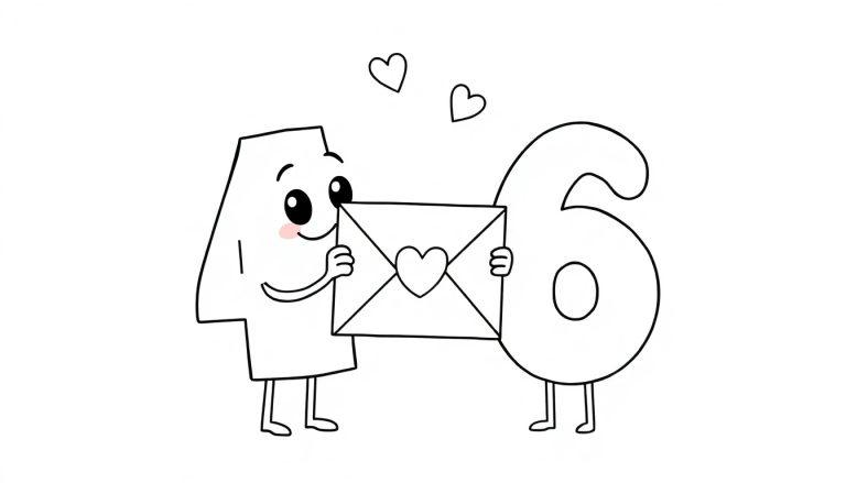 Die Zahlen 4 und 6 halten gemeinsam einen Liebesbrief mit einem Herz darauf.