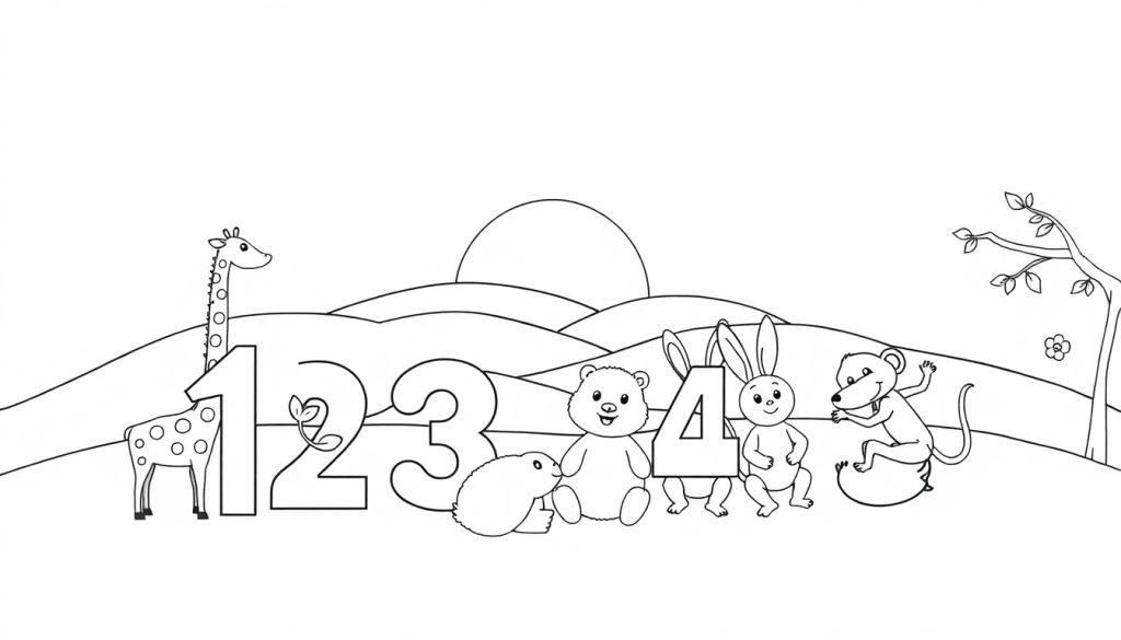 Schwarz-weiße Farbtafel für Kinder mit den Zahlen 1, 2, 3, 4, einer Giraffe, einem Murmeltier, einem Bären, einem Hasen und einer Maus auf einer Kugel.