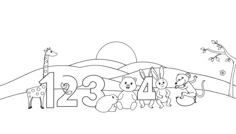 Schwarz-weiße Farbtafel für Kinder mit den Zahlen 1, 2, 3, 4, einer Giraffe, einem Murmeltier, einem Bären, einem Hasen und einer Maus auf einer Kugel.
