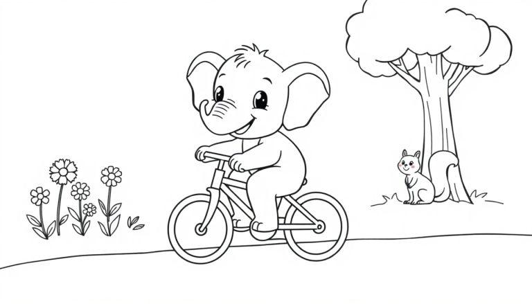 Schwarz-weiß-Cartoon-Farbtafel eines niedlichen kleinen Elefanten mit großen Ohren, der fröhlich ein Fahrrad fährt. Im Hintergrund sind ein Baum, ein Eichhörnchen und Blumen zu sehen.