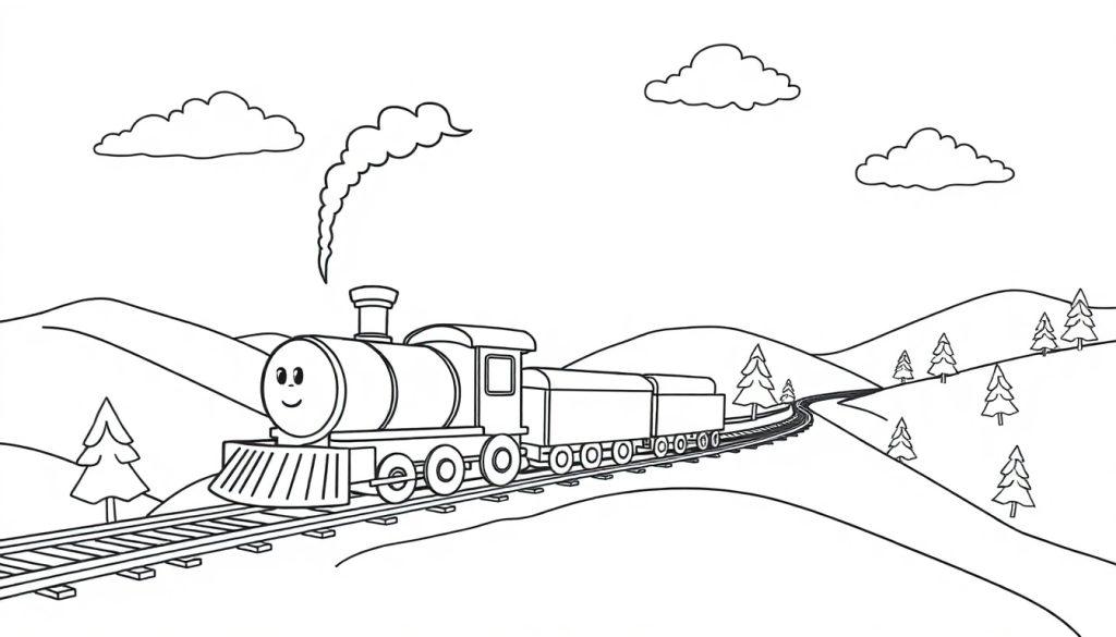 Eine kindliche Schwarz-Weiß-Farbtafel einer freundlich aussehenden Dampflokomotive mit einem Waggon, die durch eine hügelige Landschaft mit Nadelbäumen fährt und Dampf ausstößt.
