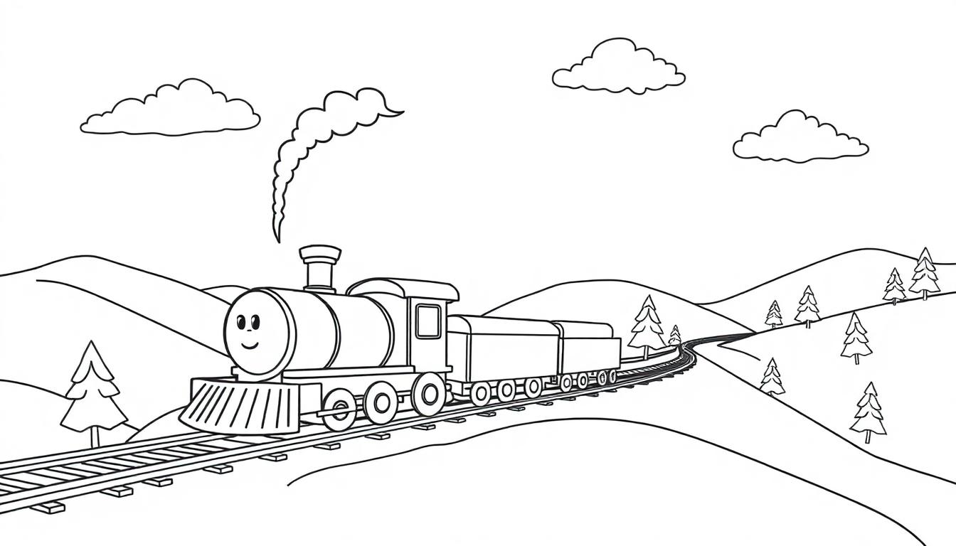 Eine kindliche Schwarz-Weiß-Farbtafel einer freundlich aussehenden Dampflokomotive mit einem Waggon, die durch eine hügelige Landschaft mit Nadelbäumen fährt und Dampf ausstößt.