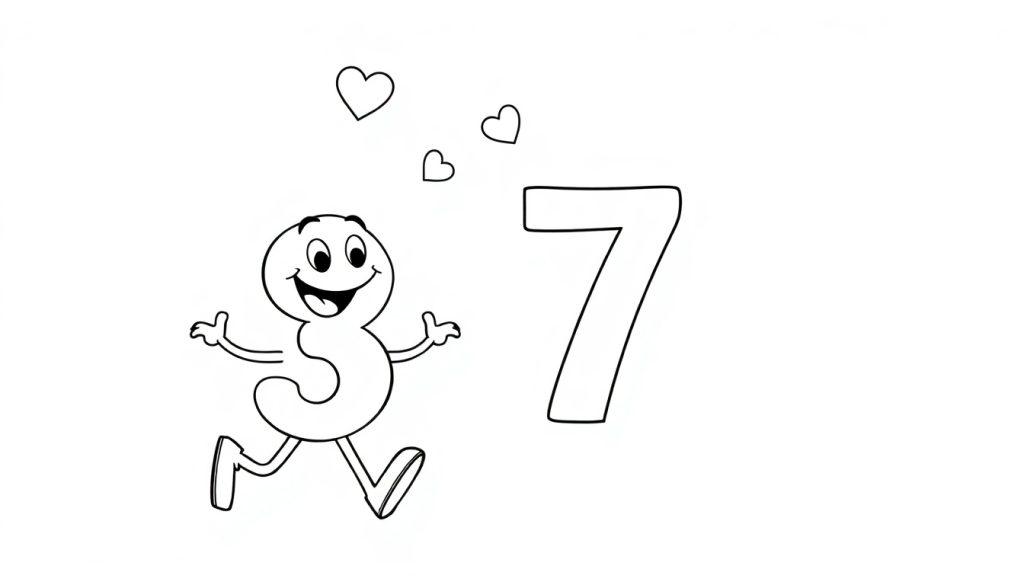 Eine Cartoon-Ziffer 3 mit einem freundlichen Gesicht und ausgestreckten Armen rennt auf die Ziffer 7 zu, wobei drei Herzen über ihr schweben.