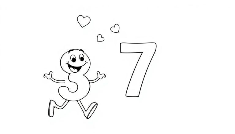 Eine Cartoon-Ziffer 3 mit einem freundlichen Gesicht und ausgestreckten Armen rennt auf die Ziffer 7 zu, wobei drei Herzen über ihr schweben.