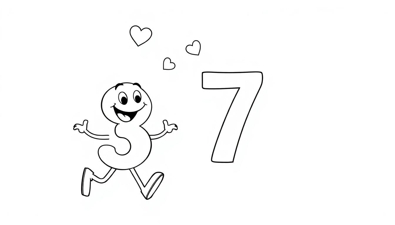 Eine Cartoon-Ziffer 3 mit einem freundlichen Gesicht und ausgestreckten Armen rennt auf die Ziffer 7 zu, wobei drei Herzen über ihr schweben.