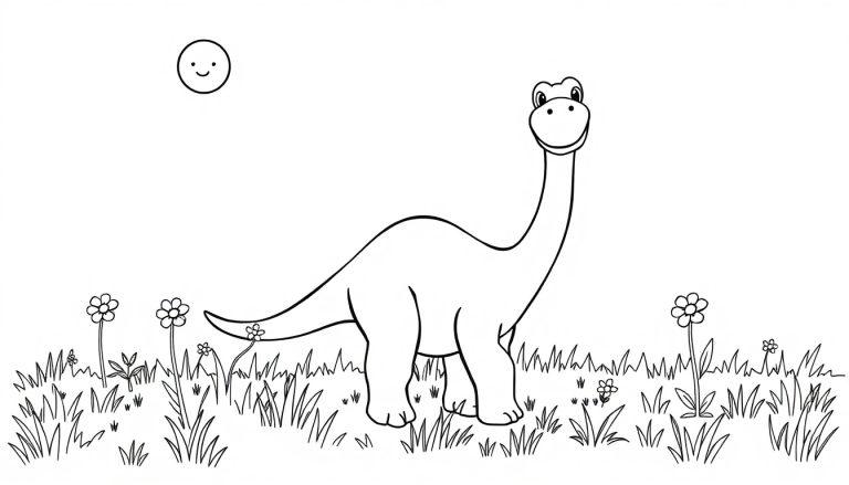 Ein lächelnder Diplodocus im Gras mit einer lächelnden Sonne am Himmel – eine Farbtafel zum Ausmalen für Kinder.
