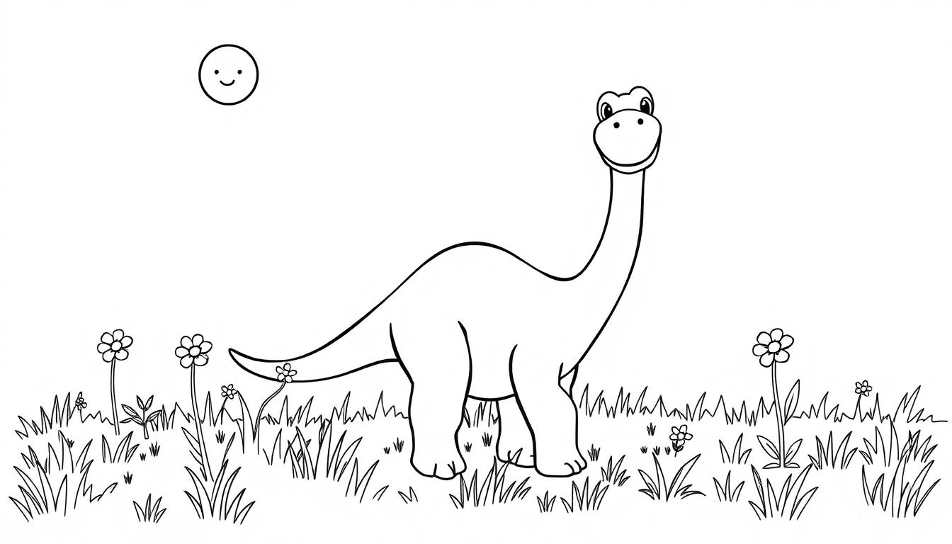 Ein lächelnder Diplodocus im Gras mit einer lächelnden Sonne am Himmel – eine Farbtafel zum Ausmalen für Kinder.