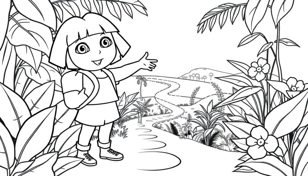 Schwarz-Weiß-Farbtafel von Dora the Explorer im Dschungel.