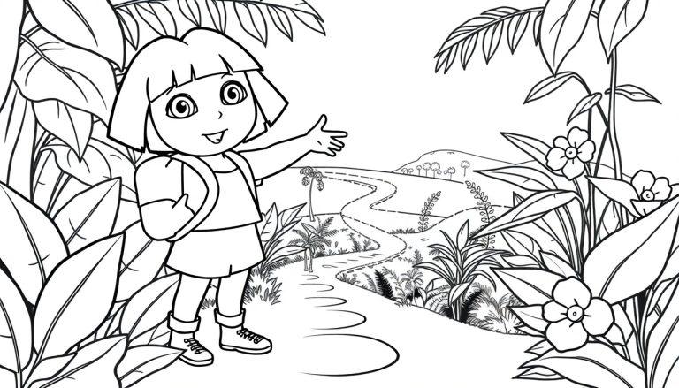 Schwarz-Weiß-Farbtafel von Dora the Explorer im Dschungel.