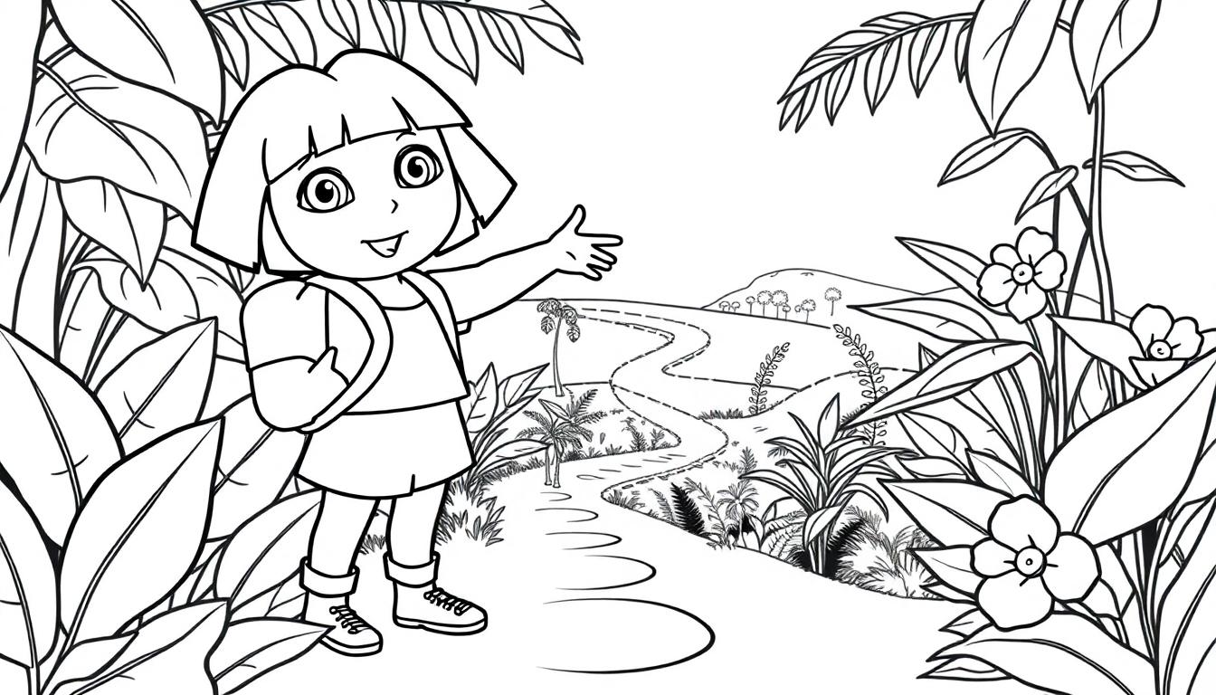 Schwarz-Weiß-Farbtafel von Dora the Explorer im Dschungel.