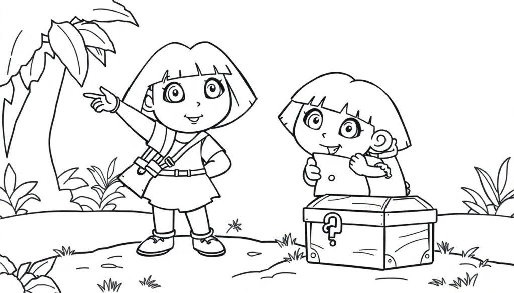 Schwarz-weiße Farbtafel: Dora die Entdeckerin zeigt auf eine Schatztruhe im Dschungel.