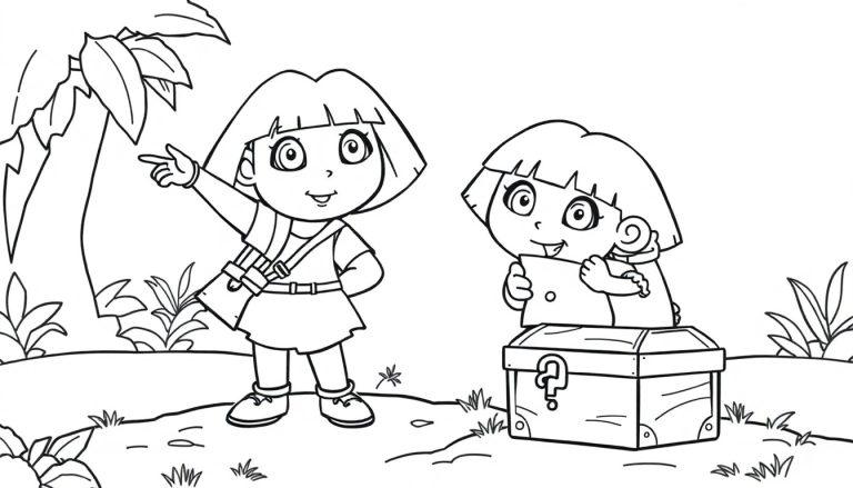 Schwarz-weiße Farbtafel: Dora die Entdeckerin zeigt auf eine Schatztruhe im Dschungel.
