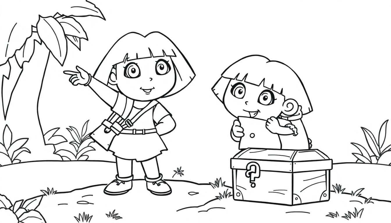 Schwarz-weiße Farbtafel: Dora die Entdeckerin zeigt auf eine Schatztruhe im Dschungel.