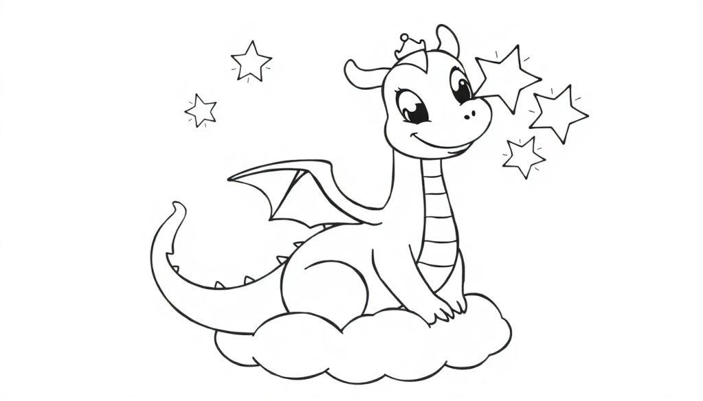 Schwarz-Weiß-Farbtafel eines freundlichen Drachen mit einem Krönchen auf einer Wolke, umgeben von Sternen.