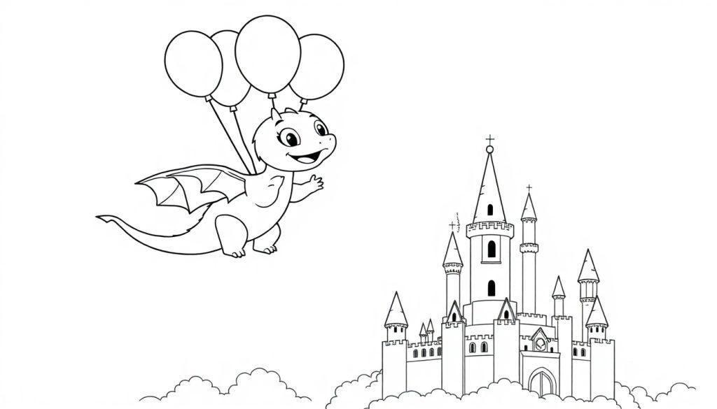 Eine schwarz-weiße Farbtafel-Zeichnung eines niedlichen kleinen Drachen, der an drei Ballons schwebt, mit einem majestätischen Schloss im Hintergrund auf einer Wolke.