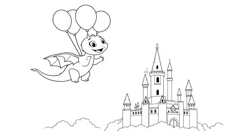 Eine schwarz-weiße Farbtafel-Zeichnung eines niedlichen kleinen Drachen, der an drei Ballons schwebt, mit einem majestätischen Schloss im Hintergrund auf einer Wolke.