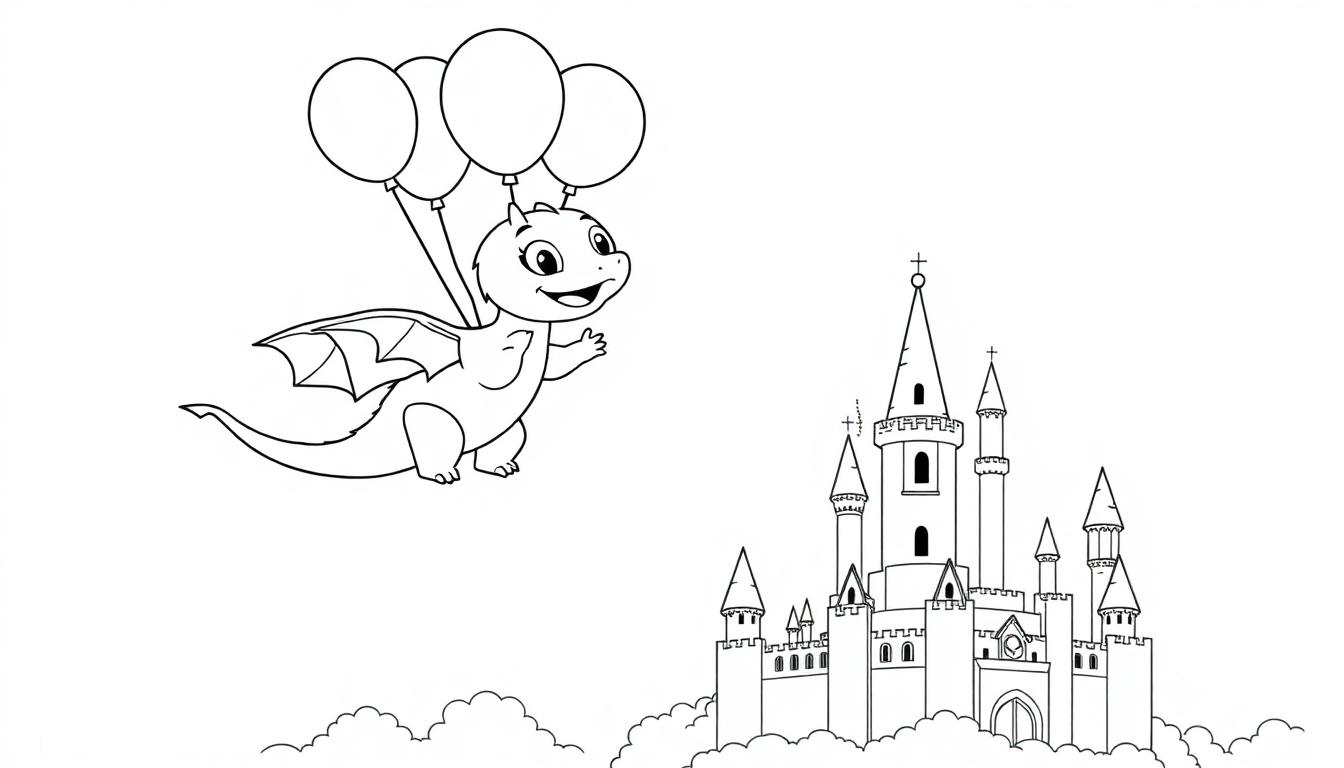Eine schwarz-weiße Farbtafel-Zeichnung eines niedlichen kleinen Drachen, der an drei Ballons schwebt, mit einem majestätischen Schloss im Hintergrund auf einer Wolke.