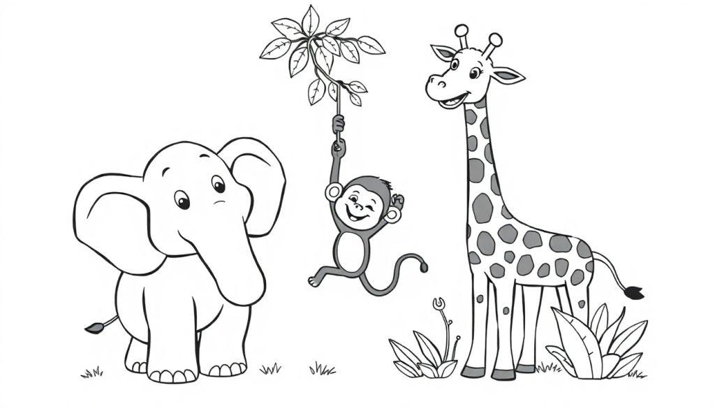 Schwarzweiß-Farbtafel eines Elefanten, Affen und einer Giraffe im Dschungel zum Ausmalen.