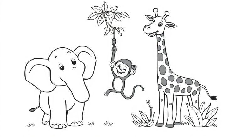 Schwarzweiß-Farbtafel eines Elefanten, Affen und einer Giraffe im Dschungel zum Ausmalen.