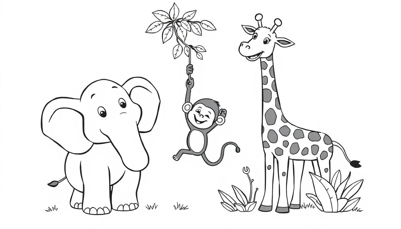Schwarzweiß-Farbtafel eines Elefanten, Affen und einer Giraffe im Dschungel zum Ausmalen.