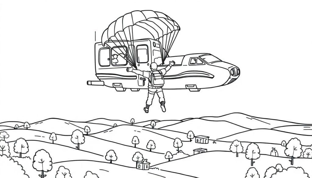 Eine Schwarz-Weiß-Zeichnung eines Fallschirmspringers, der aus einem Flugzeug in eine hügelige Landschaft springt, bereit für eine Farbtafel.