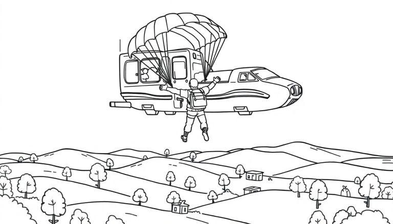 Eine Schwarz-Weiß-Zeichnung eines Fallschirmspringers, der aus einem Flugzeug in eine hügelige Landschaft springt, bereit für eine Farbtafel.