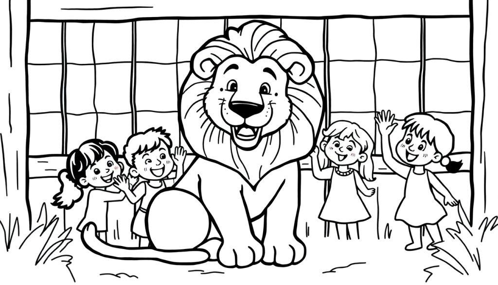 Zeichnung eines freundlichen Löwen, der von drei Kindern im Zoo bestaunt wird