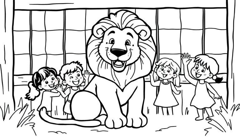 Zeichnung eines freundlichen Löwen, der von drei Kindern im Zoo bestaunt wird