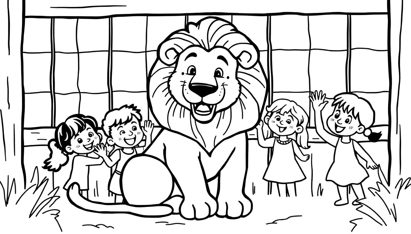 Zeichnung eines freundlichen Löwen, der von drei Kindern im Zoo bestaunt wird