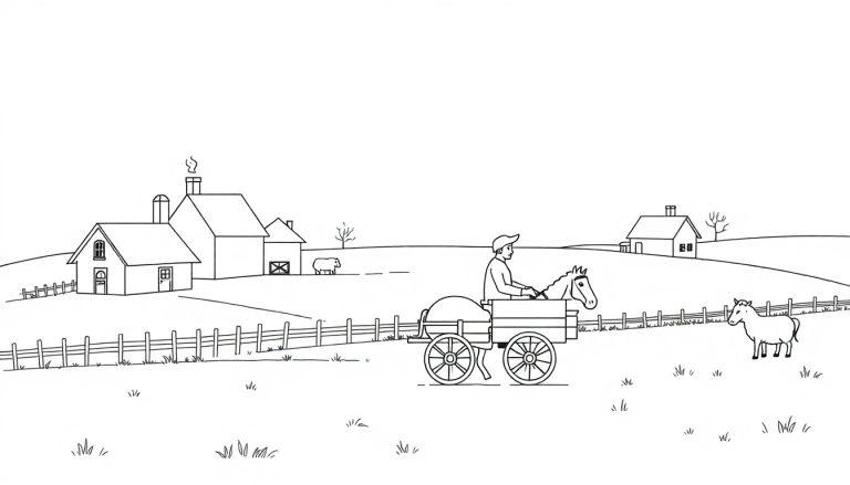 Eine Schwarz-Weiß-Zeichnung eines Bauerngeschenks mit einem Pferd, das einen Wagen zieht, sowie Gebäude und ein Schaf.