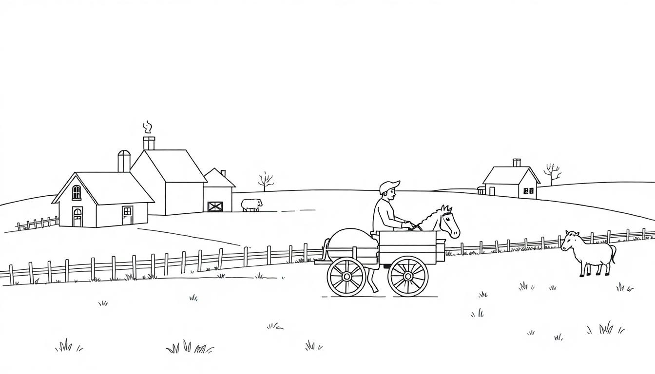 Eine Schwarz-Weiß-Zeichnung eines Bauerngeschenks mit einem Pferd, das einen Wagen zieht, sowie Gebäude und ein Schaf.