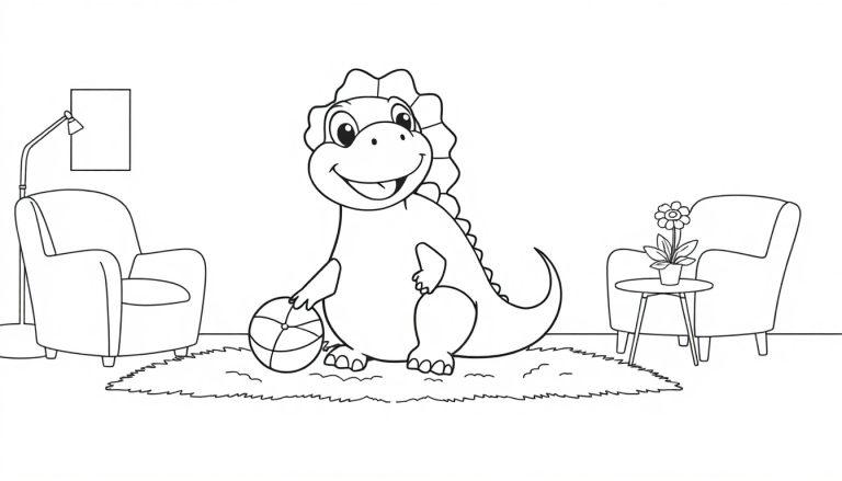 Eine Schwarz-Weiß-Farbtafel eines cartoonhaften Dinosauriers, der einen Ball in einem Wohnzimmer hält.