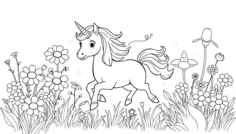 Schwarz-weiße Farbtafel-Zeichnung eines lächelnden Einhorns, das durch eine Blumenwiese galoppiert.