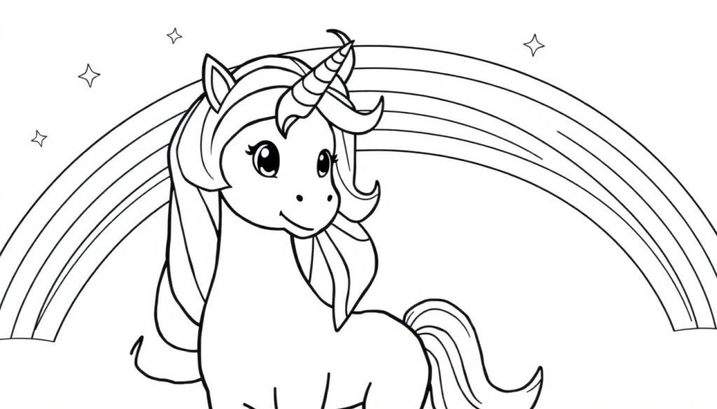 Niedliches Einhorn-Malbuch vor einem Regenbogen, bereit zum Ausmalen.